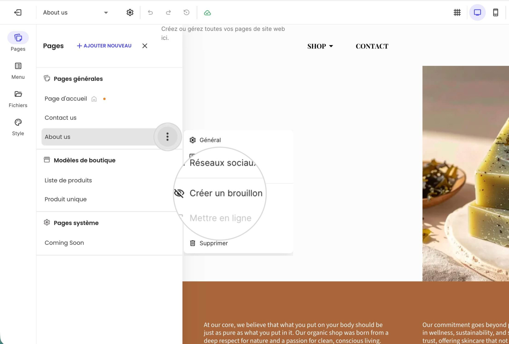 Option Créer un brouillon pour désactiver une page dans le Website Builder