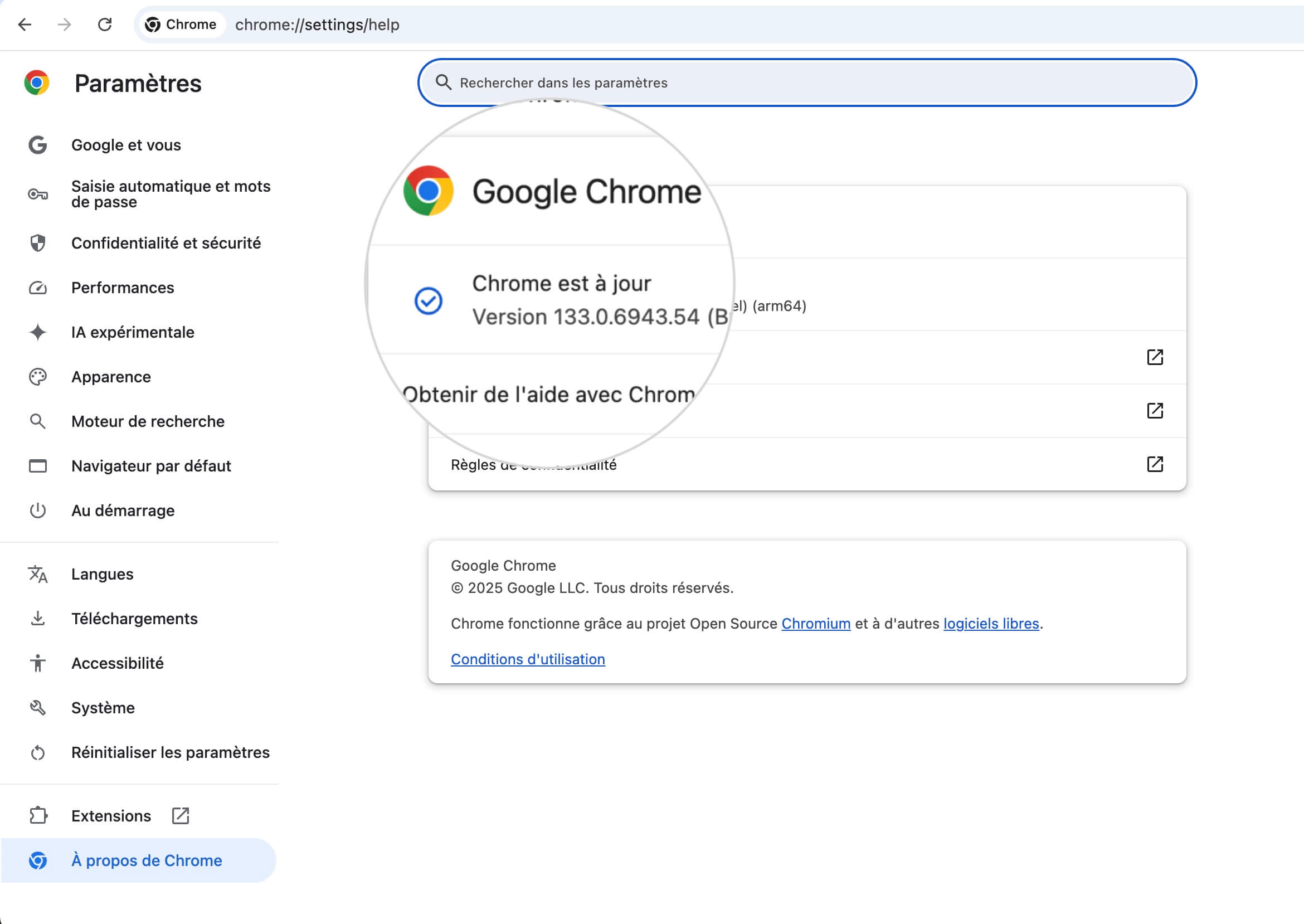 Menu des mises à jour de Chrome