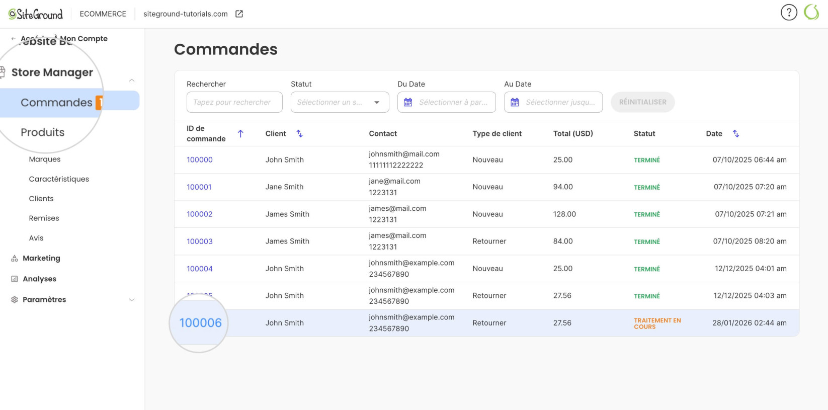 Modification d'une commande depuis la section Commandes dans SiteGround Ecommerce 