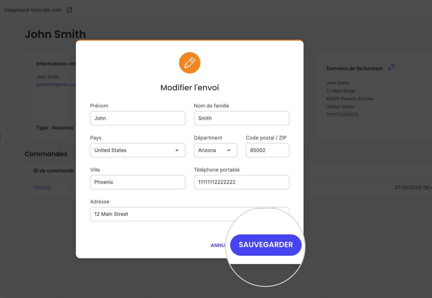 Fenêtre contextuelle « Modifier la livraison » dans SiteGround Ecommerce, affichant des champs modifiables pour prénom, nom, pays, état/comté, code postal, ville, téléphone et adresse, avec un bouton Enregistrer bien visible.