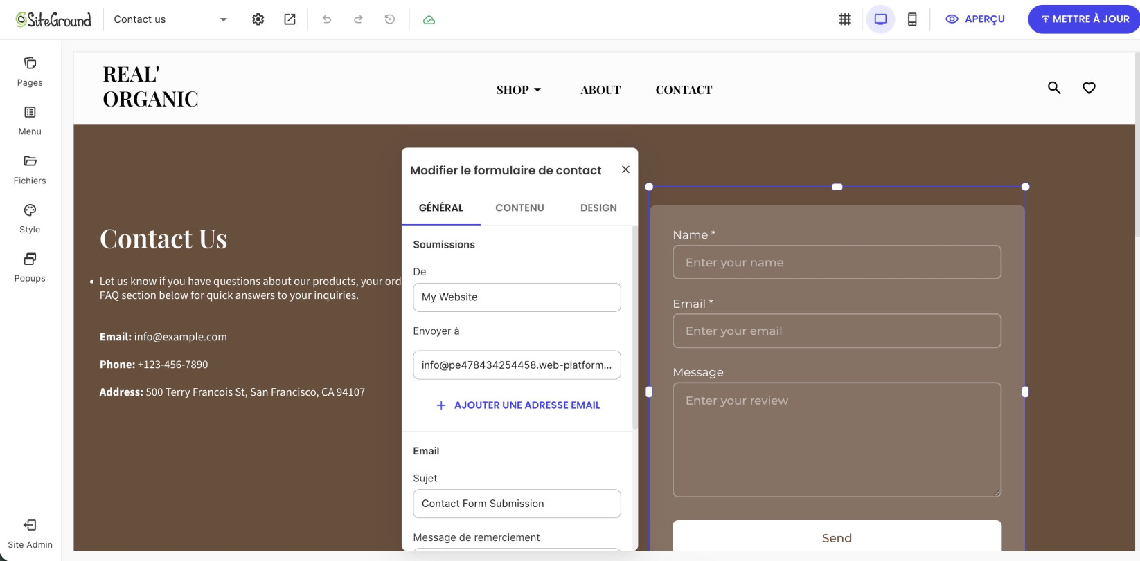 Fenêtre Modifier le formulaire de contact sur l'onglet Général, avec les réglages de Soumissions : champs De, Envoyer à et Objet de l'e-mail.