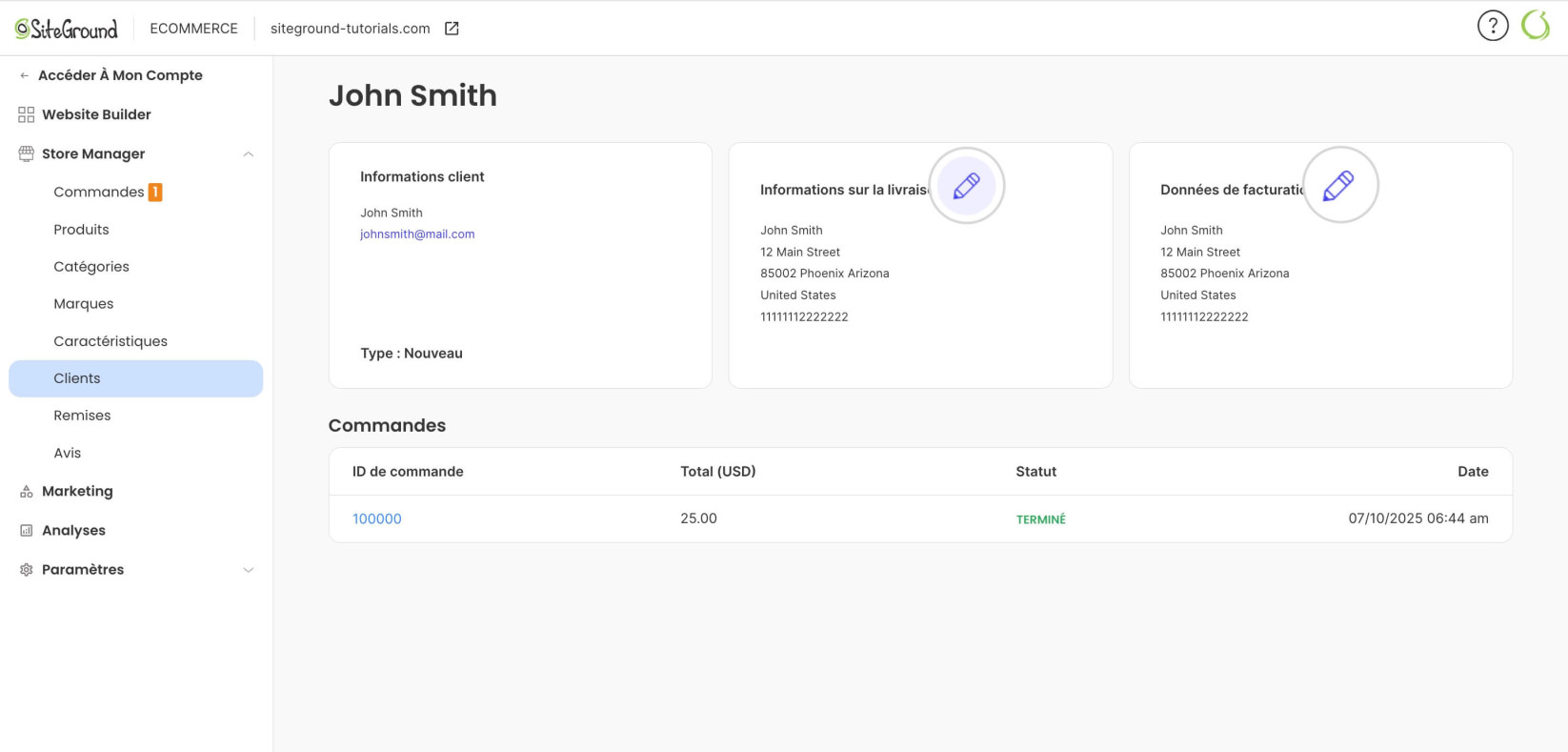 Fenêtre contextuelle « Modifier la livraison » dans SiteGround Ecommerce, affichant des champs modifiables pour prénom, nom, pays, état/comté, code postal, ville, téléphone et adresse, avec un bouton Enregistrer bien visible.