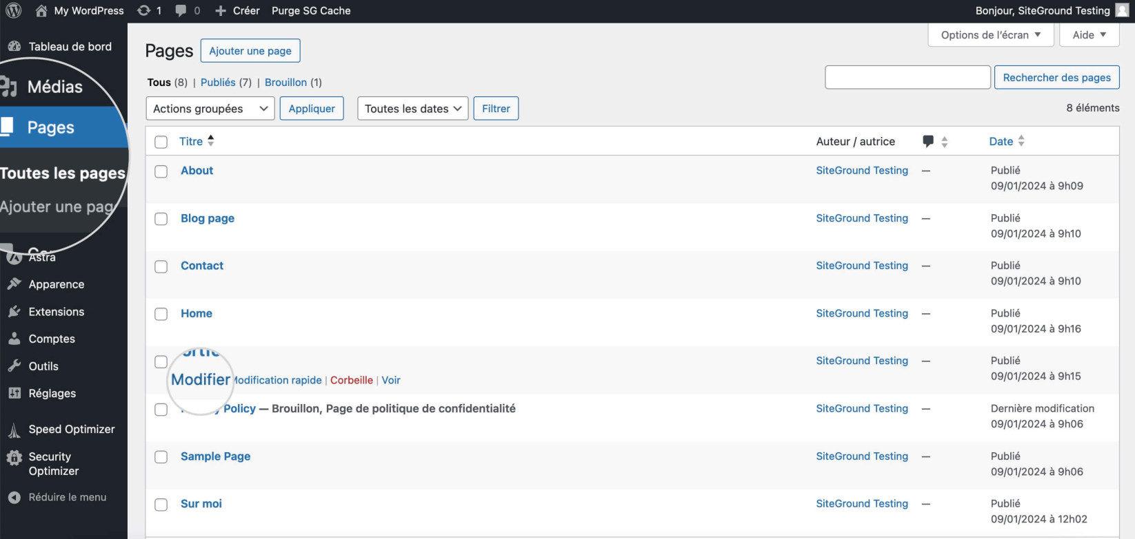 Capture d'écran montrant comment modifier une page dans WordPress pour ajouter un menu déroulant