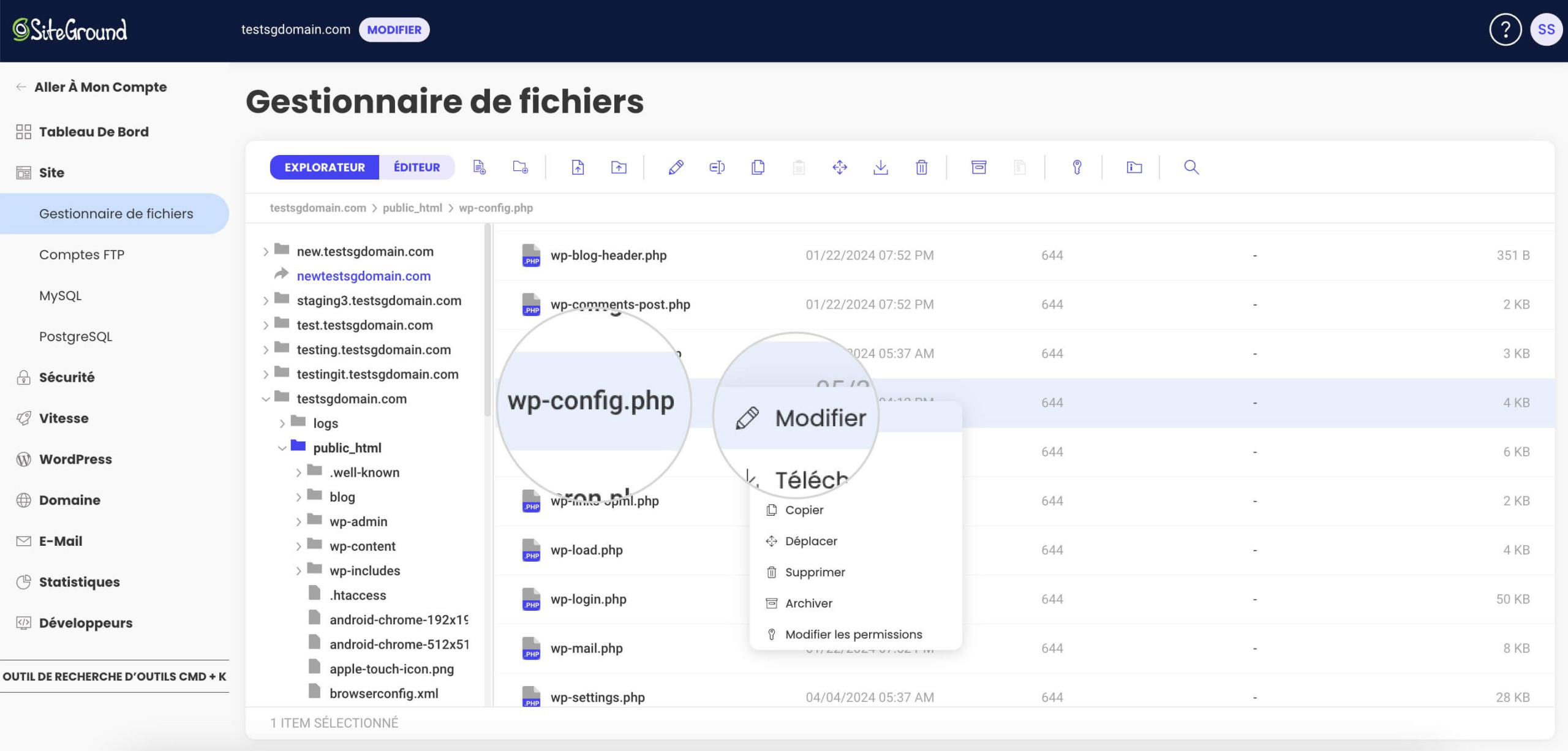 Capture d'écran montrant comment modifier le fichier wp-config dans le gestionnaire de fichiers pour activer le mode débogage dans WordPress pour un dépannage du code d'état 303