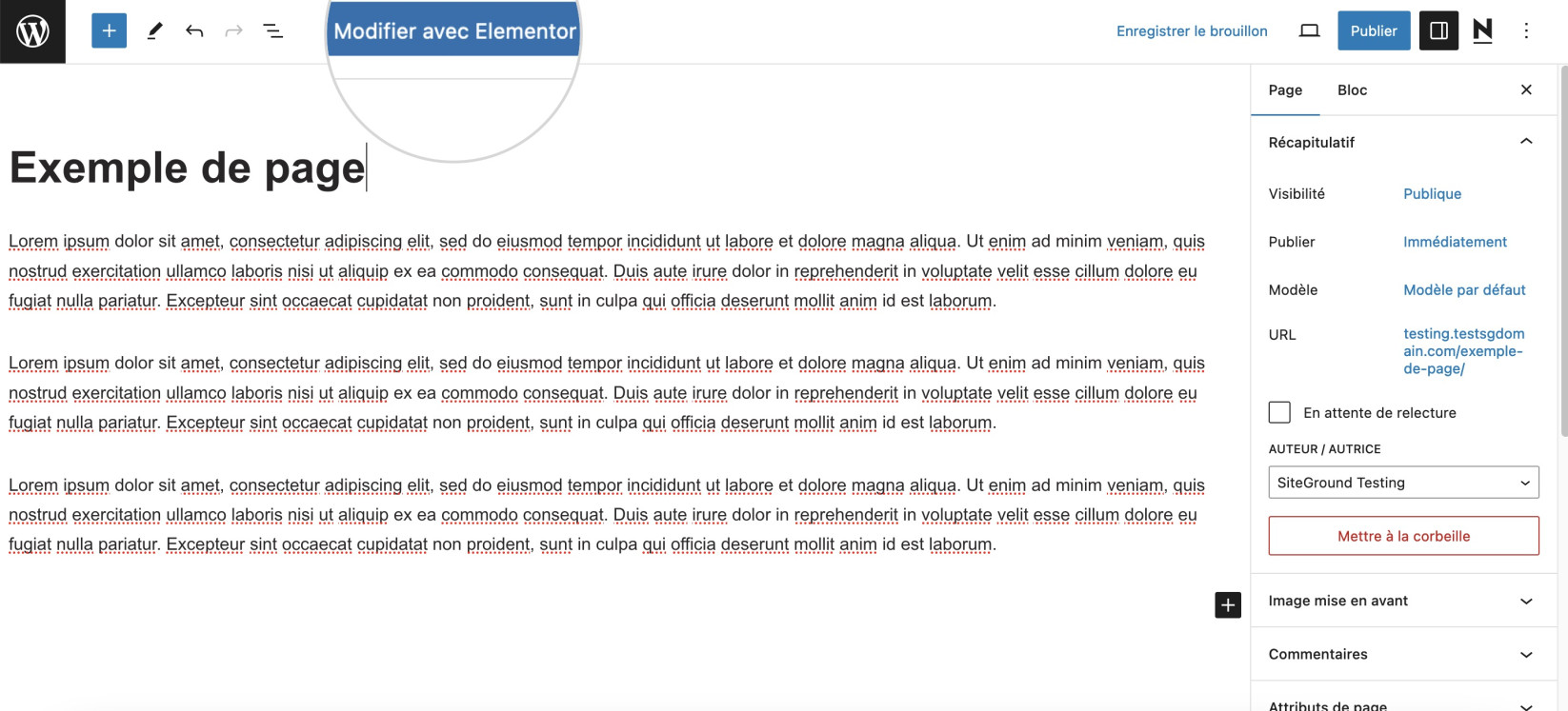 Capture d’écran affichant le bouton « Modifier avec Elementor » dans WordPress