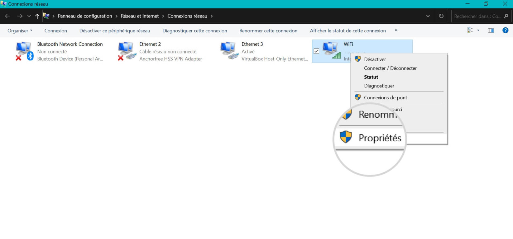 Capture d'écran de l'option Propriétés du Wi-Fi sous Windows