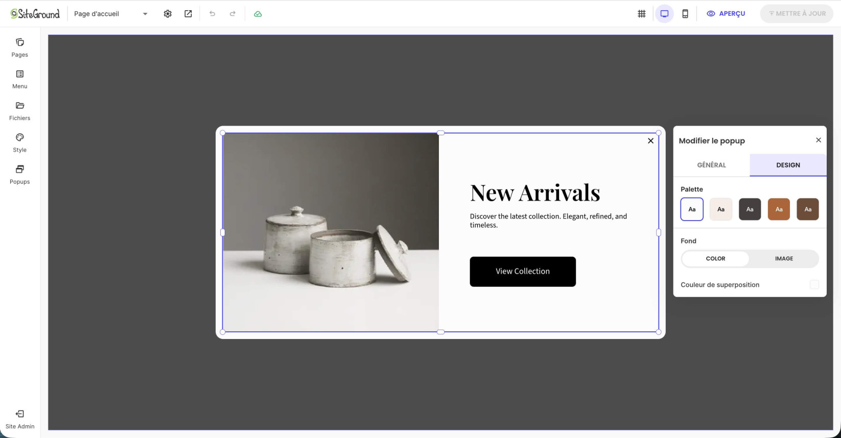 Le popover Edit Popup, onglet Design — Échantillons de palette et le basculeur de fond Couleur/Image