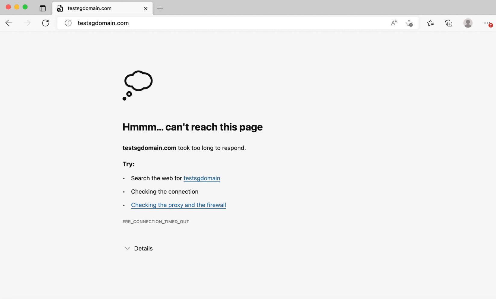 Capture d'écran de l'erreur « Hmm... impossible d'accéder à ce site, la réponse a pris trop de temps » dans Microsoft Edge