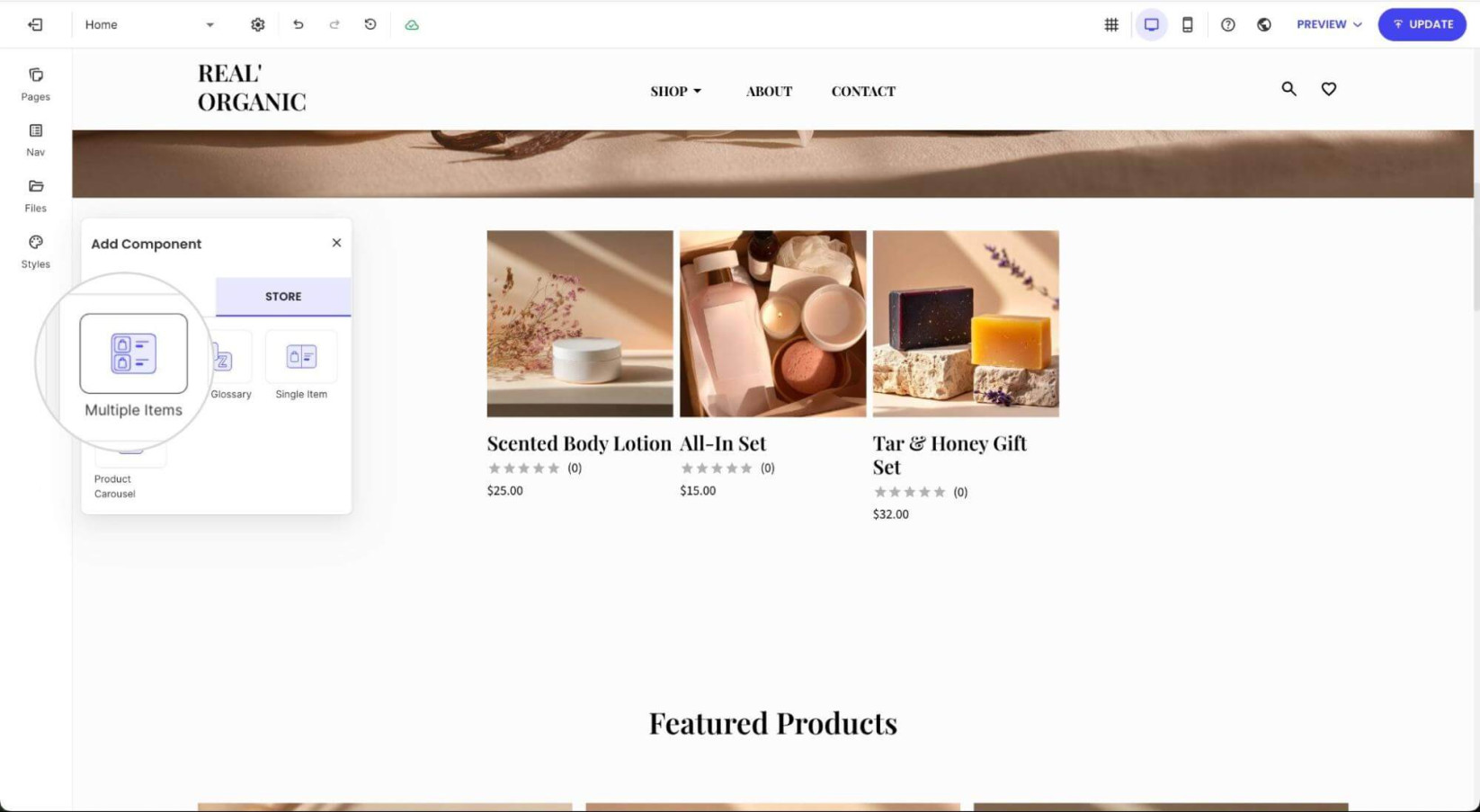 Add Component menu where a Multiple Items component is selected