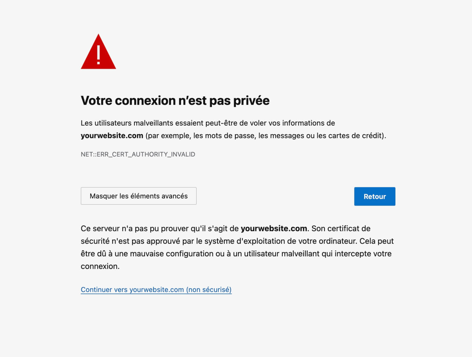 À quoi ressemble l’erreur NET::ERR_CERT_AUTHORITY_INVALID dans Microsoft Edge