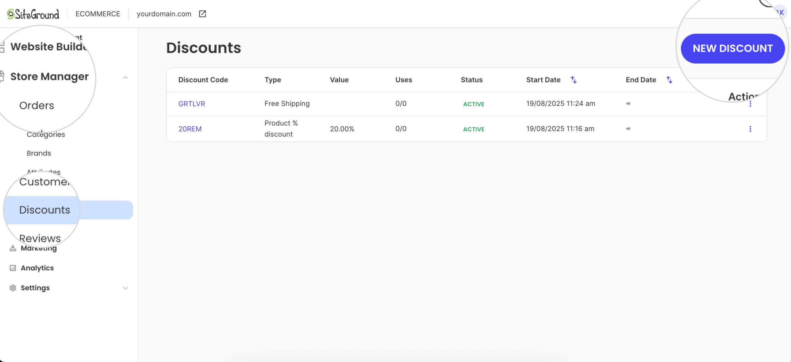 The Discounts list in the SiteGround Ecommerce Store Manager with the actions menu open for a discount code, showing options to set the discount to inactive, edit it, or delete it.