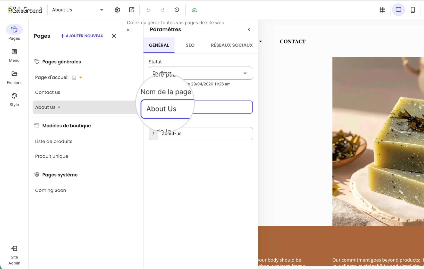 Champ Nom de la page dans les paramètres généraux de la page dans Website Builder