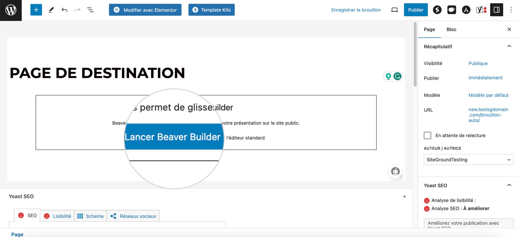 Capture d’écran montrant comment lancer Beaver Builder pour modifier votre page d’accueil WordPress