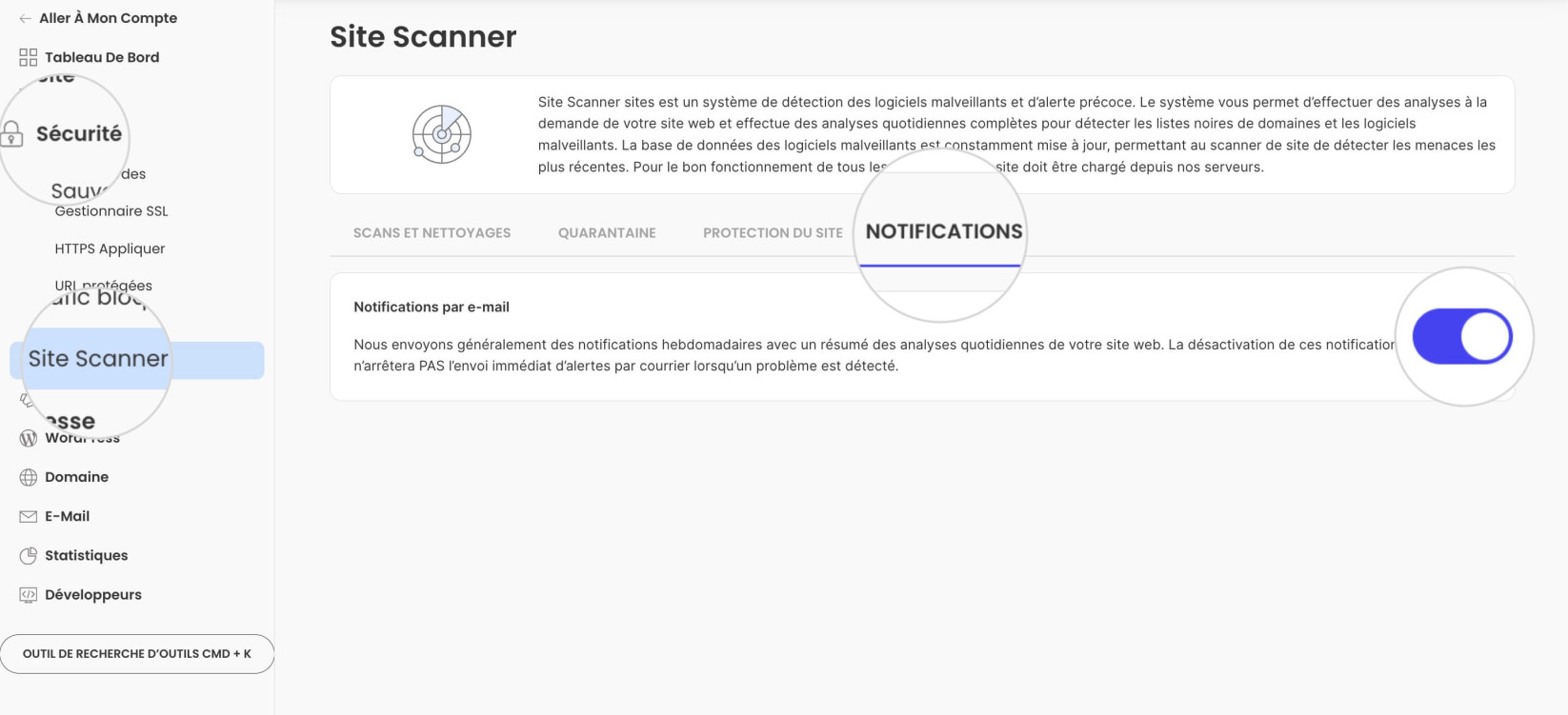 Notifications par e-mail pour Site Scanner 