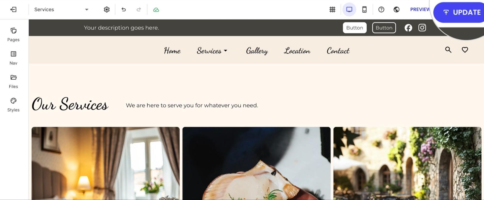The Services page updated with a new Our Services section and descriptive tagline.
