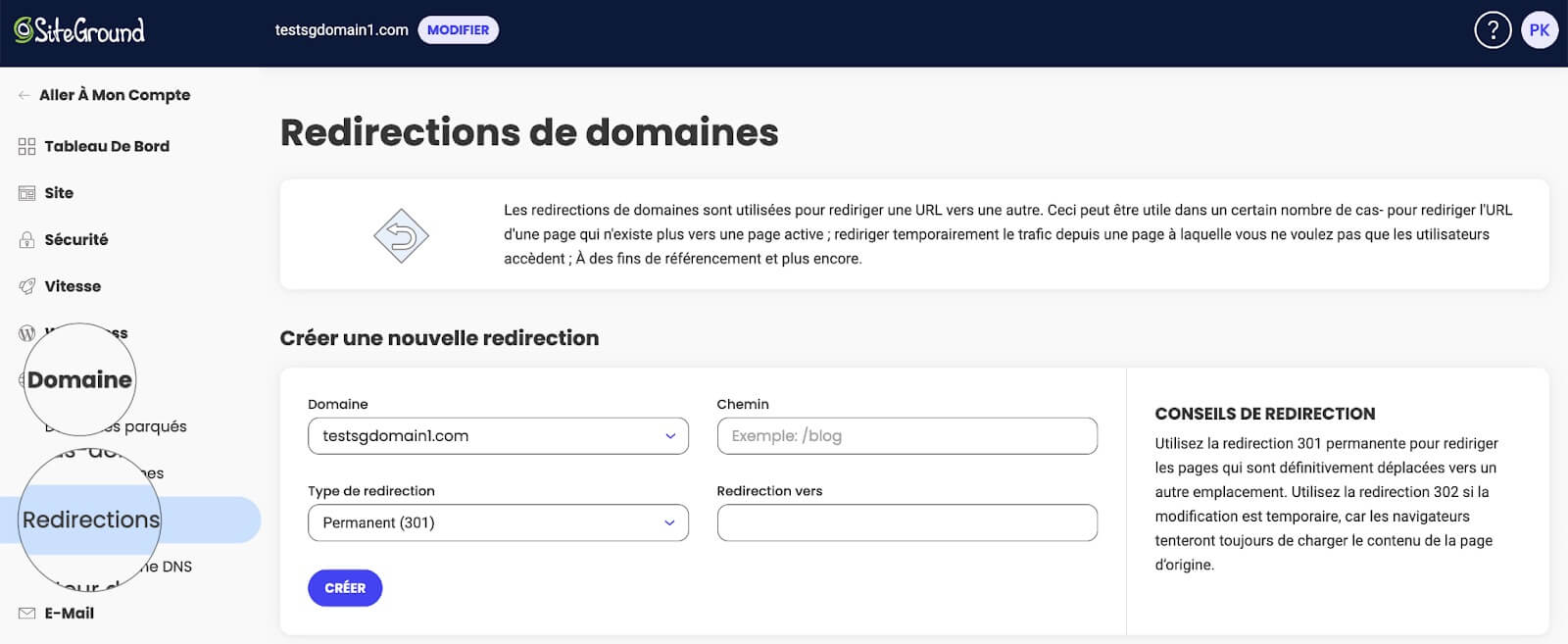 Image affichant l'outil de redirection sur Site Tools, mettant en évidence les différentes options de redirection disponibles.