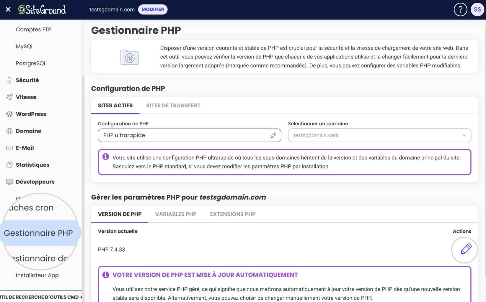Capture d'écran montrant comment changer la version de PHP dans les outils du site
