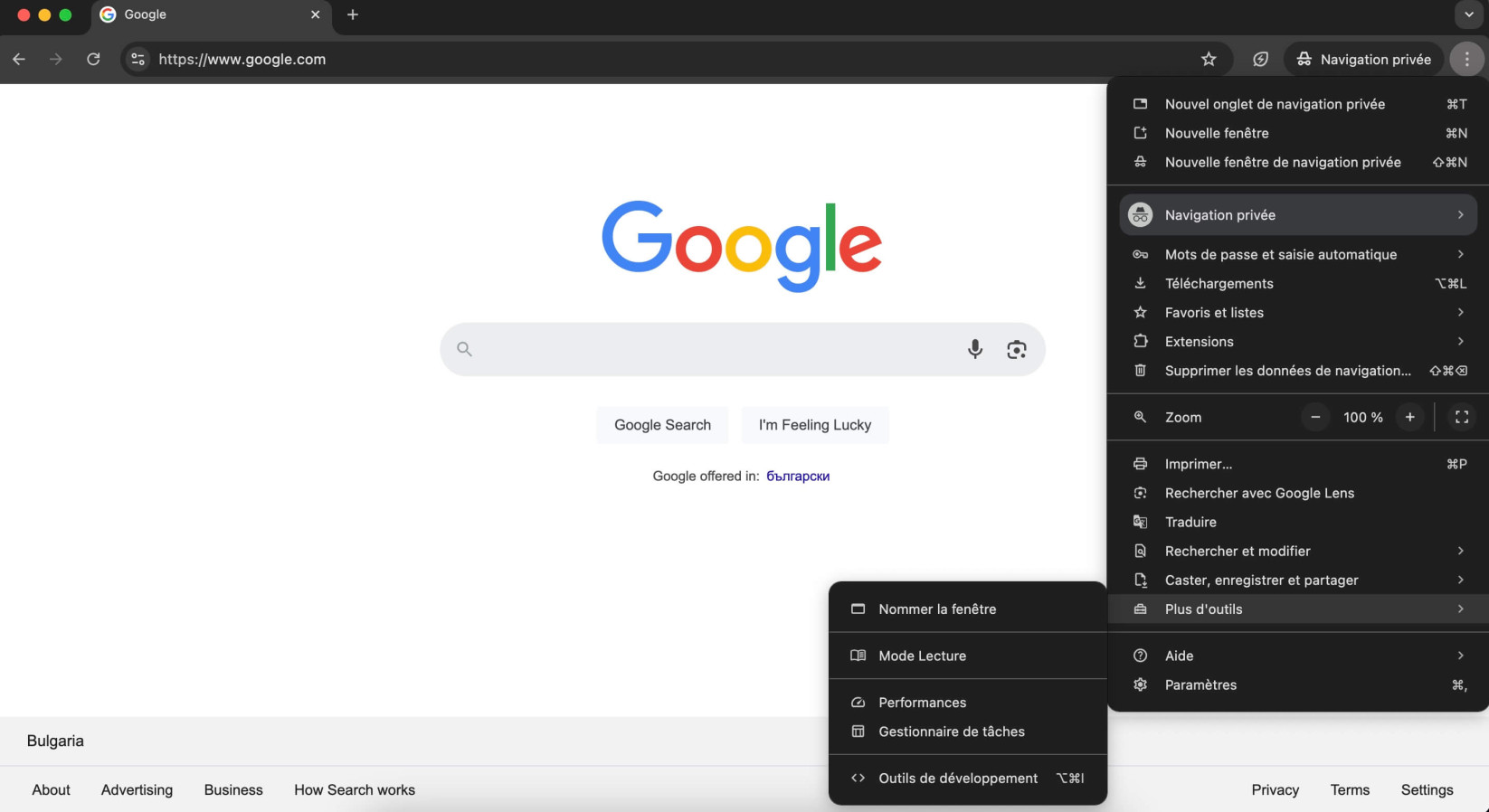 Capture d'écran du menu des paramètres de Google Chrome avec un surlignage de l'option "Plus d'outils", où vous pouvez trouver les outils de développement.