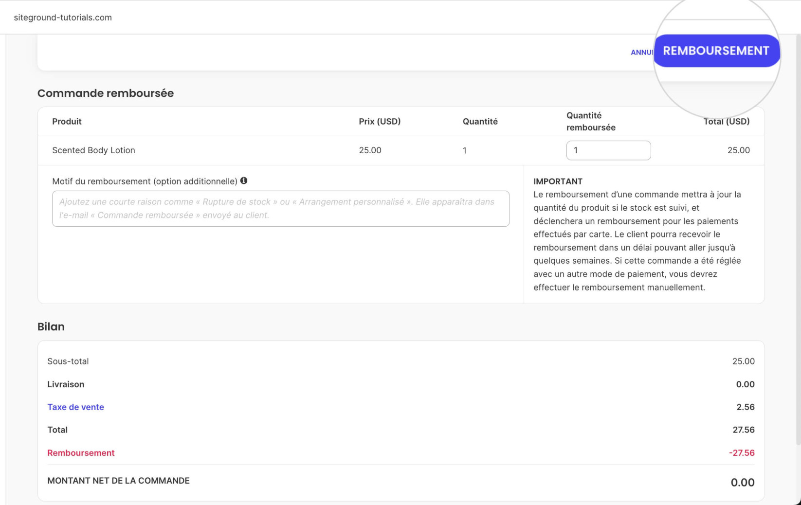 Page de commande de remboursement pour ajuster les propriétés de remboursement 