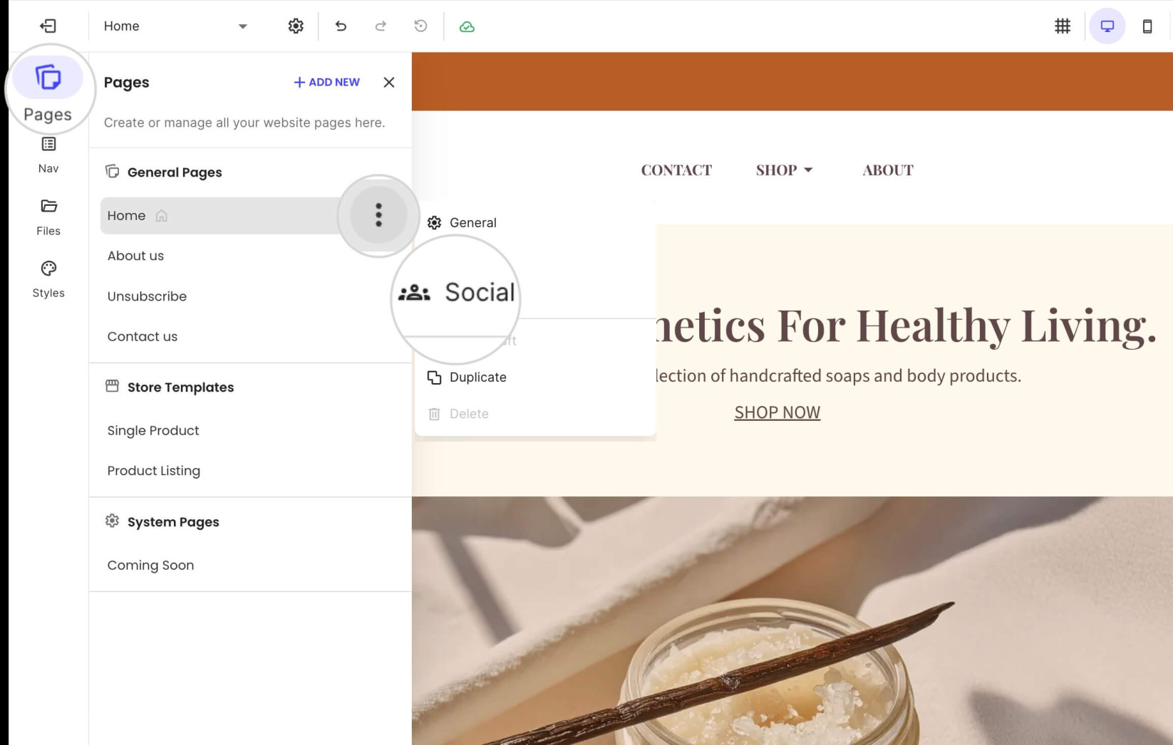 Page settings menu in Website Builder with highlighted Social option