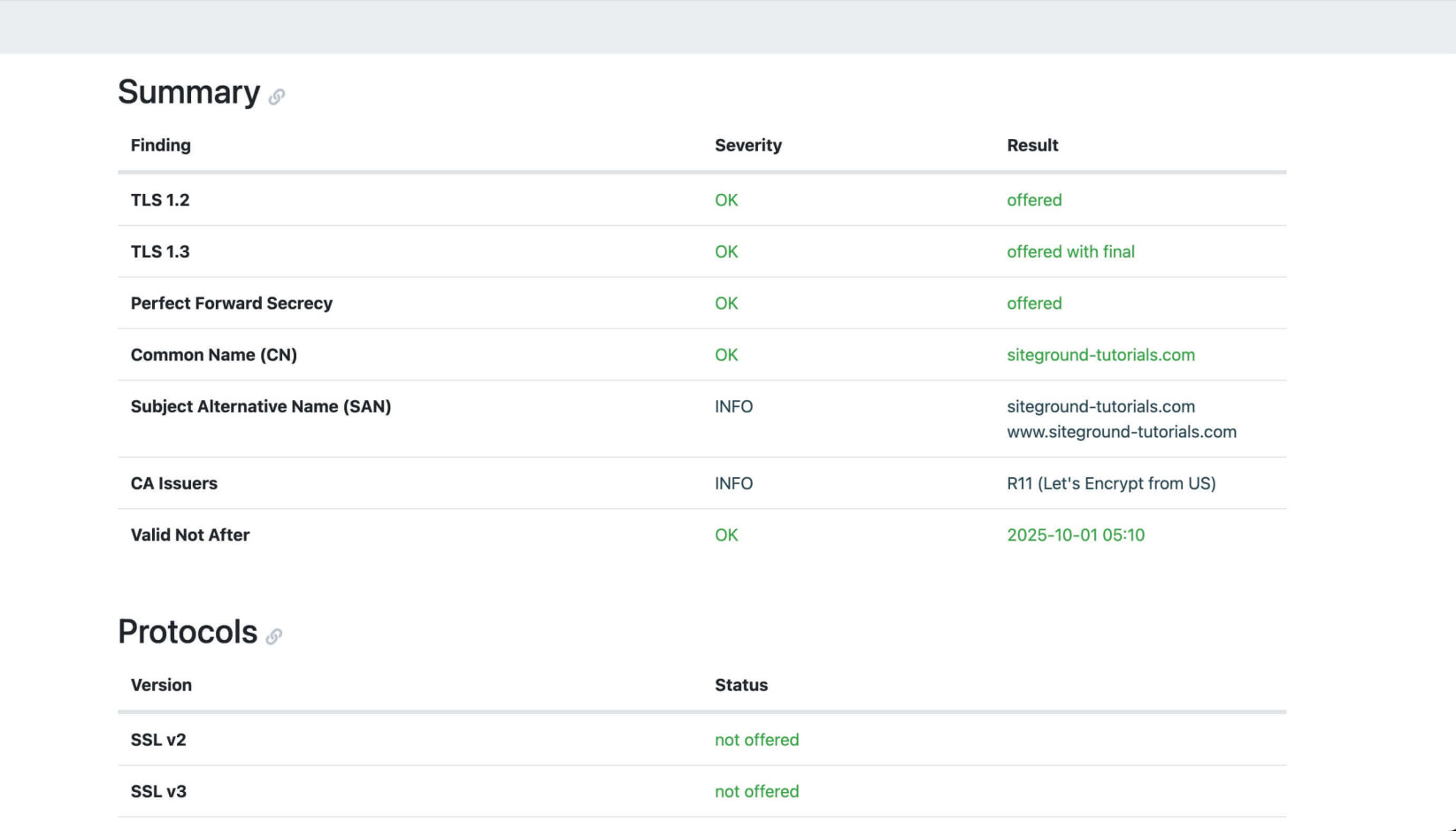 Résultats du Test TLS pour le serveur d'un site web