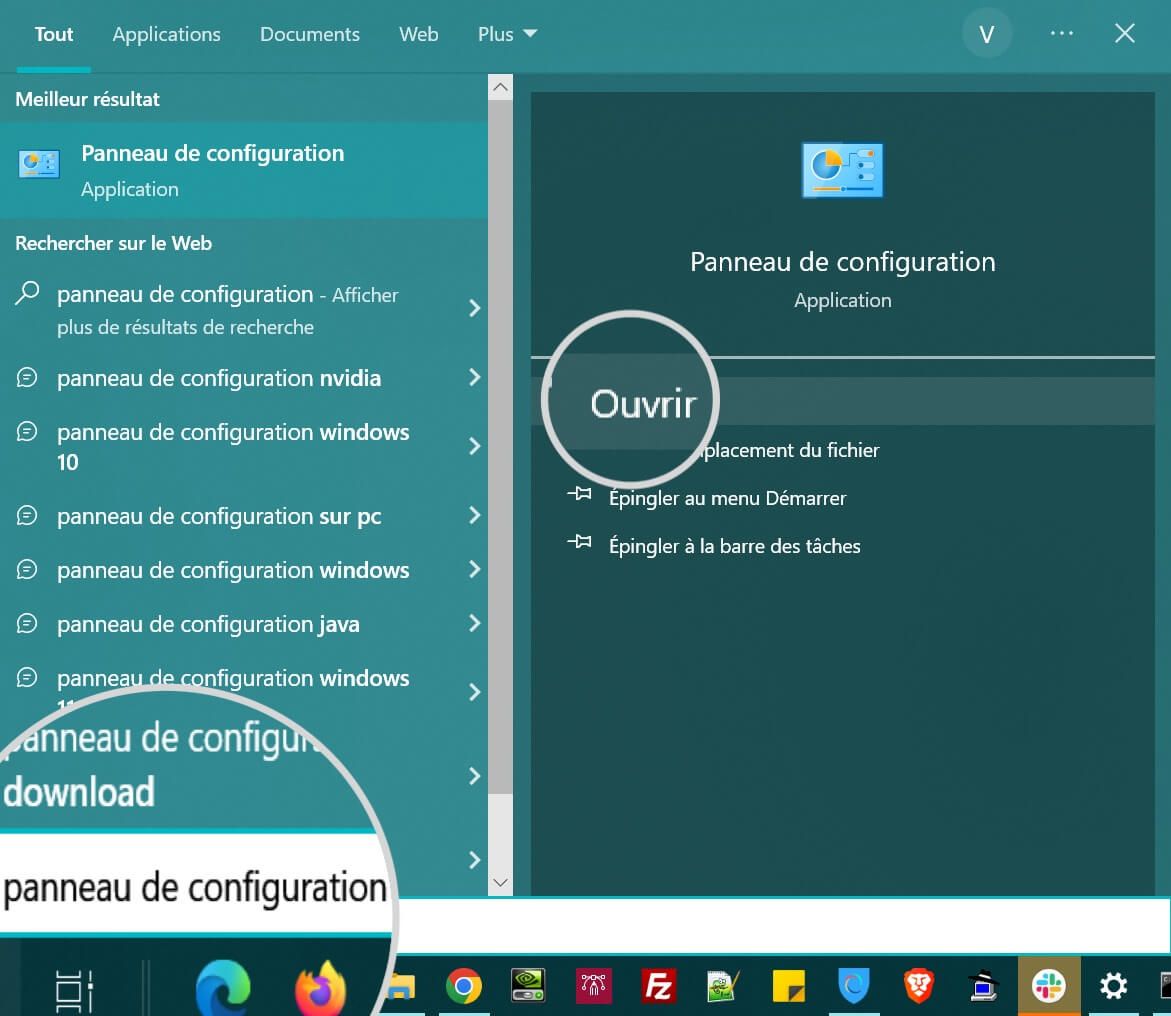 Capture d'écran du panneau de configuration dans le menu Rechercher de Windows