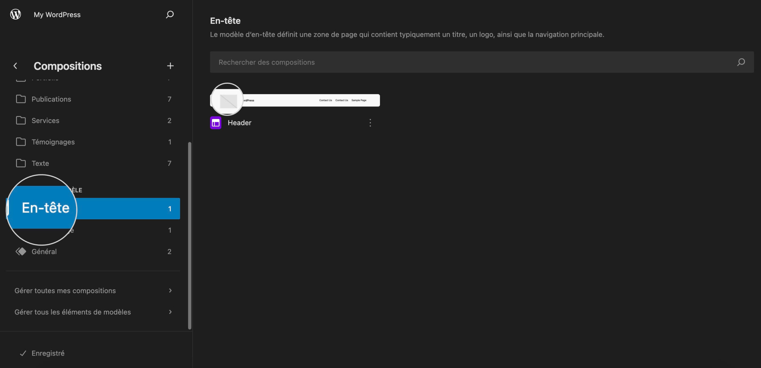 Capture d'écran montrant comment modifier le bloc du panneau d'en-tête pour définir un favicon WordPress