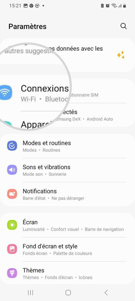 Capture d'écran montrant les paramètres de connexion d'un smartphone Android