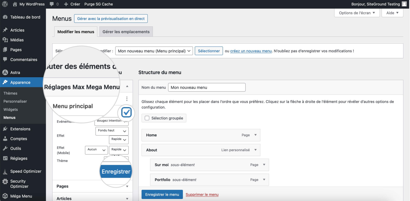 Capture d'écran montrant les paramètres du Max Mega Menu dans l'éditeur de menu WordPress
