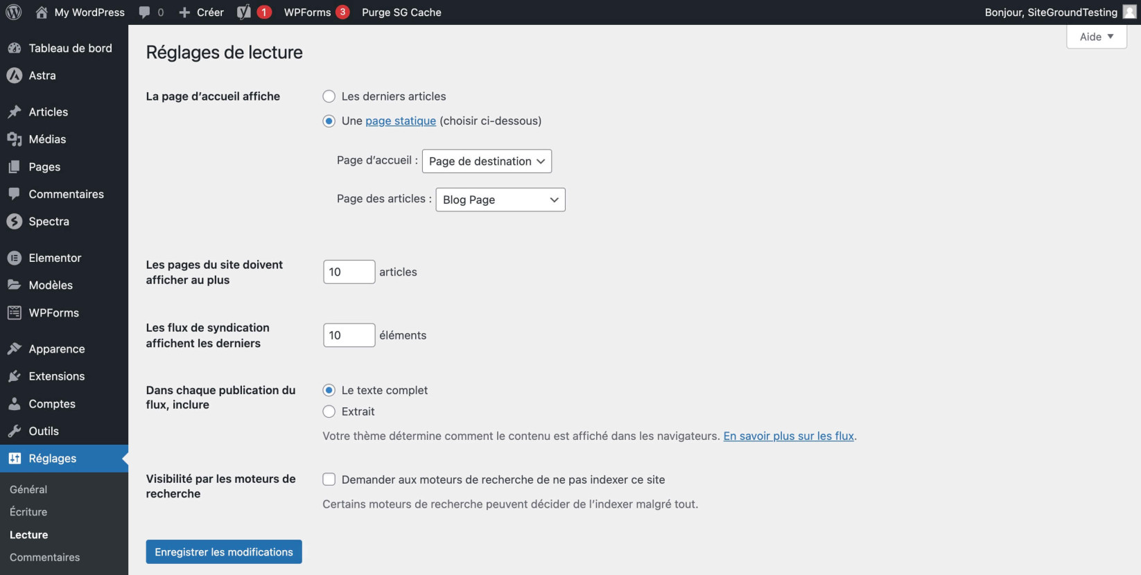 Capture d’écran illustrant les options des autres articles de blog de l’écran de lecture des paramètres