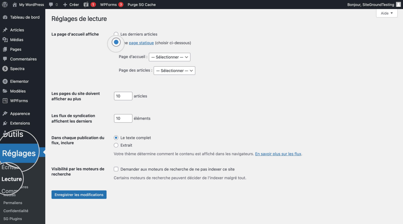 Capture d’écran de la section de lecture des paramètres dans le tableau de bord WordPress