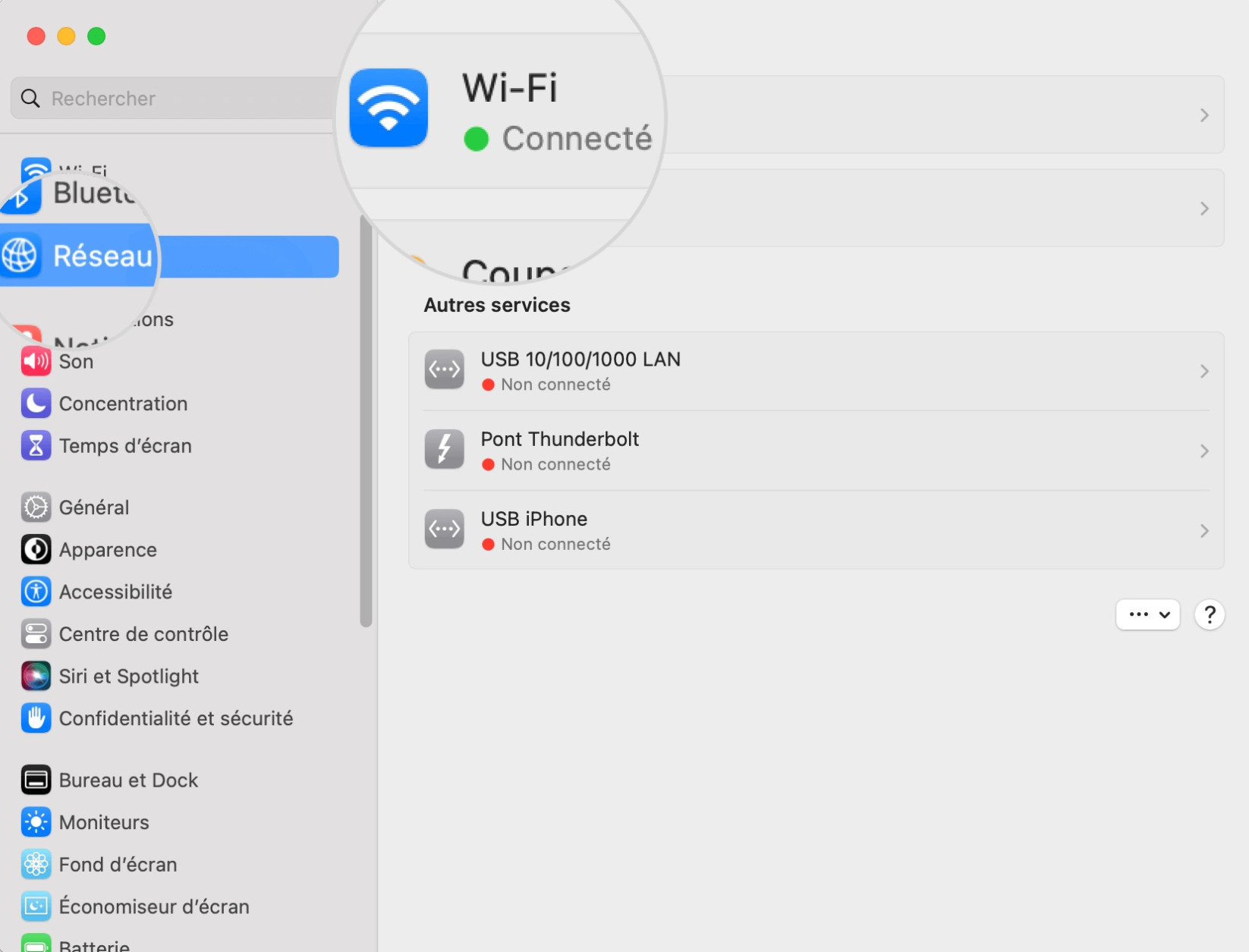 Capture d'écran montrant comment accéder aux paramètres Wi-Fi sur Mac