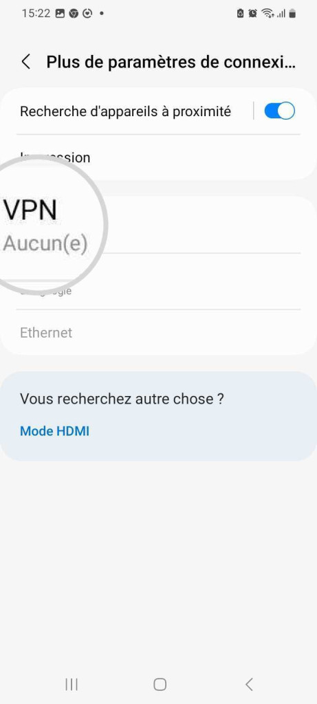 Capture d'écran du menu des paramètres VPN sur un smartphone Android