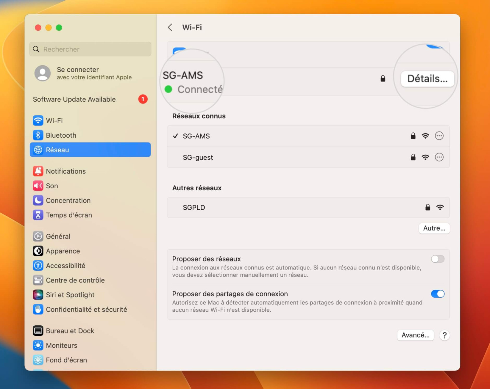 Ouvrir les paramètres réseau avancés sur Mac pour modifier les serveurs DNS