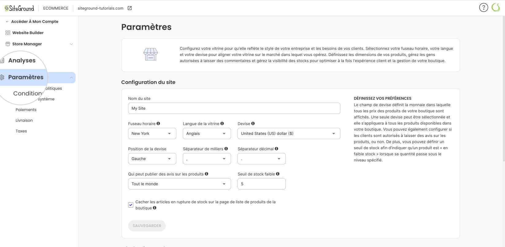 Page des paramètres du magasin dans SiteGround Ecommerce