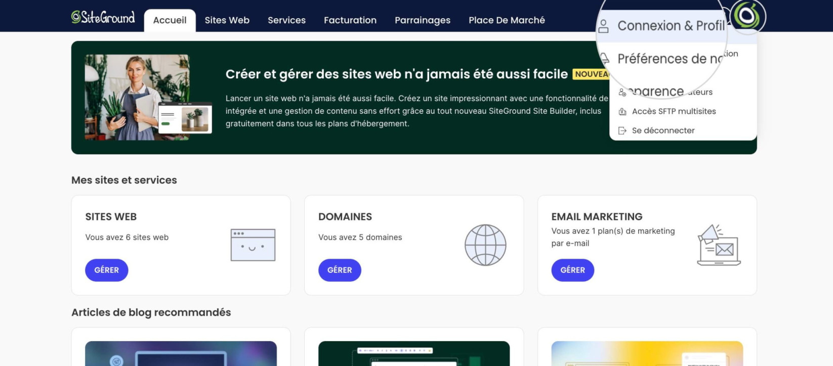 Parametres de connexion dans l'Espace Client SiteGround 