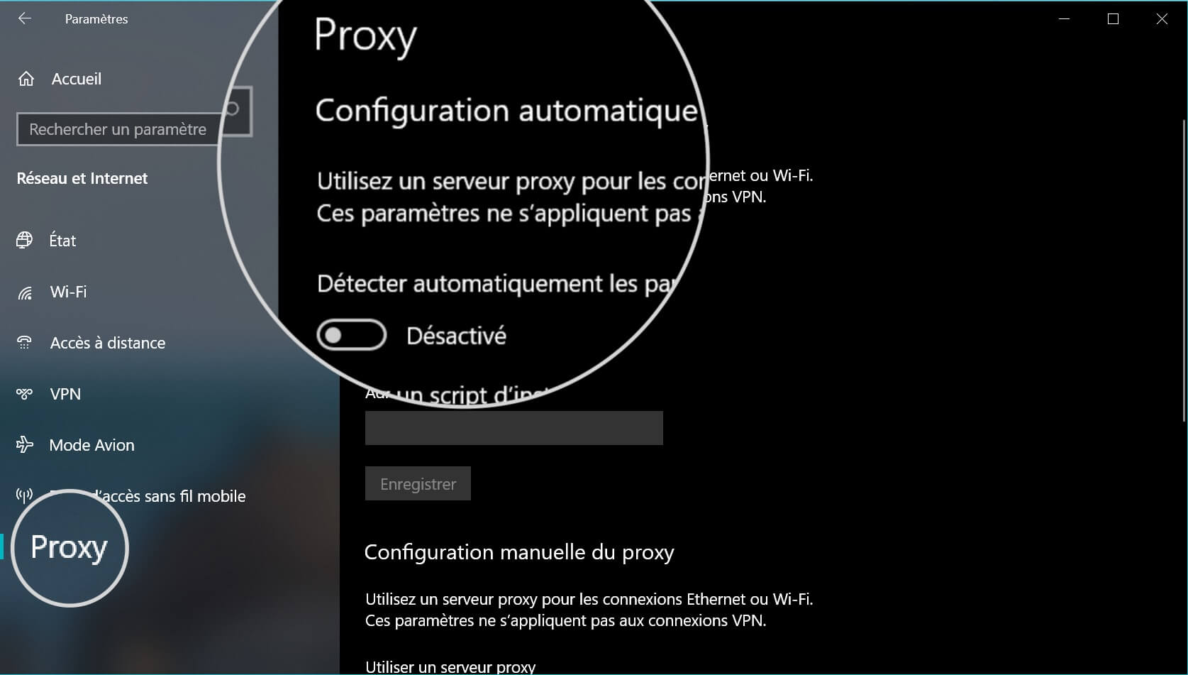 Paramètres réseau Windows affichant les options de configuration du proxy pour les ajustements de connexion Internet.