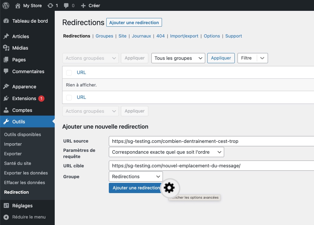 Paramètres du type de redirection dans le plugin Redirections pour WordPress