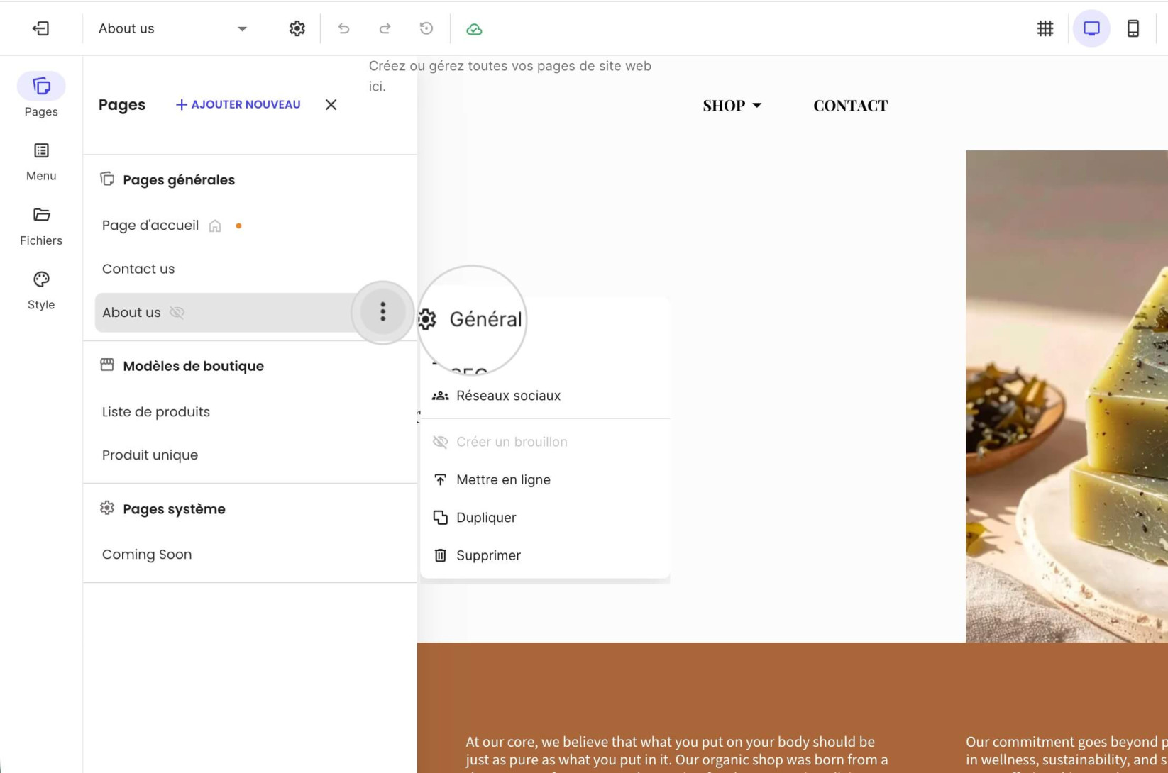 Paramètres généraux d'une page dans le Website Builder