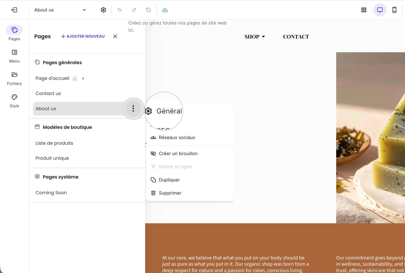 Paramètres généraux de la page dans le Website Builder