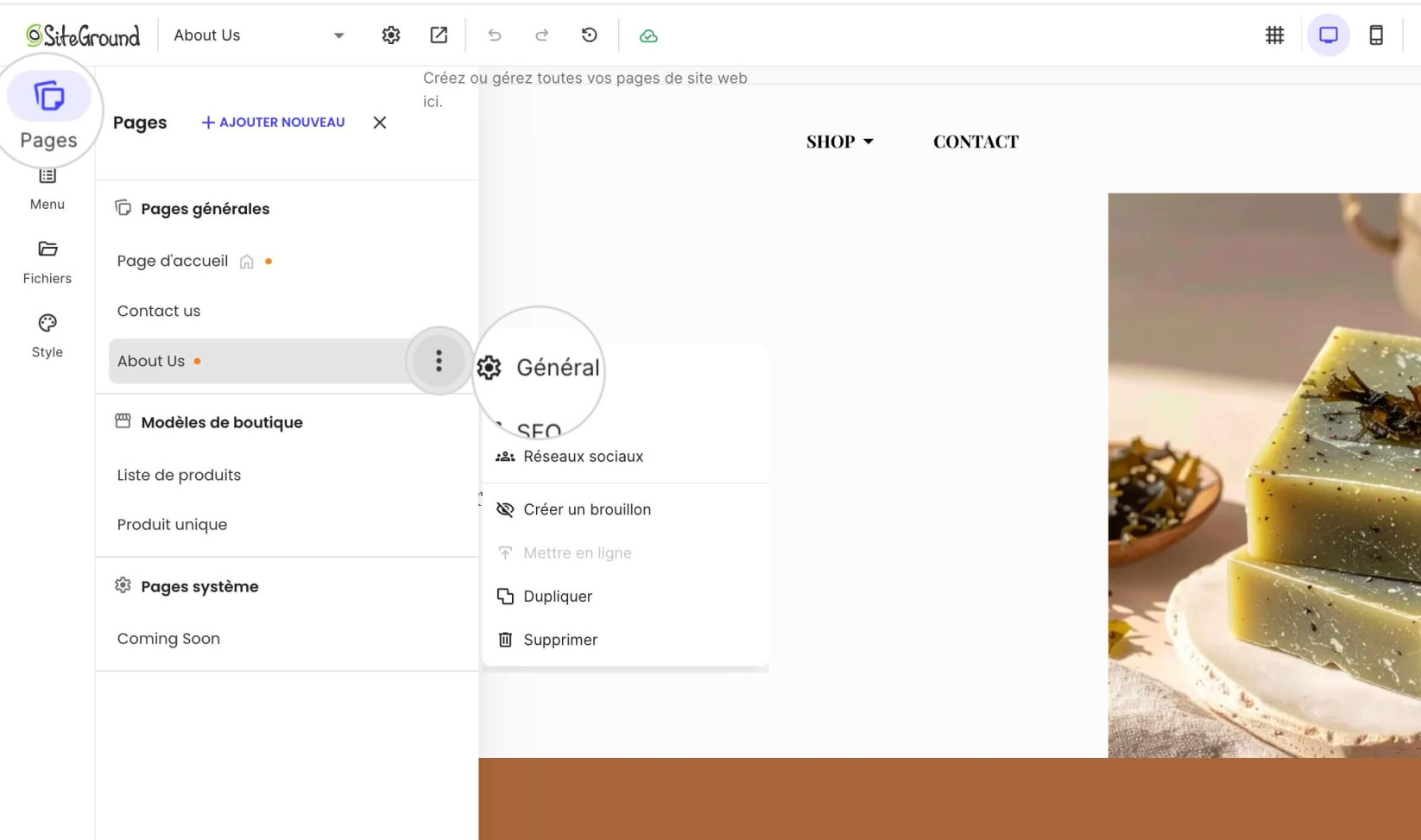 Paramètres généraux de la page dans Website Builder où vous pouvez changer l'URL de la page