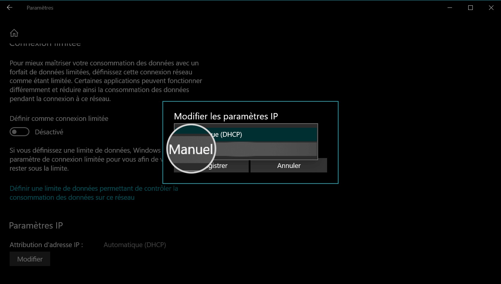 Sélectionnez le paramètre d'adresse IP manuel pour saisir l'adresse du serveur de Google