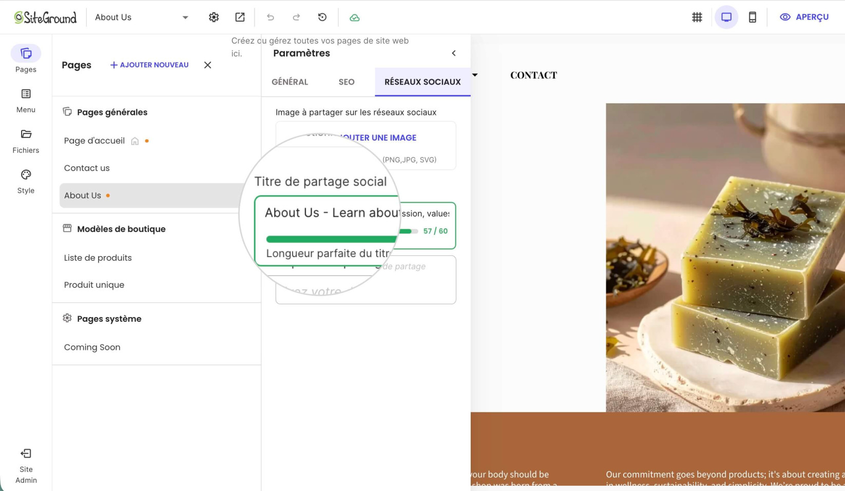Champ Titre de partage social pour une page dans Website Builder