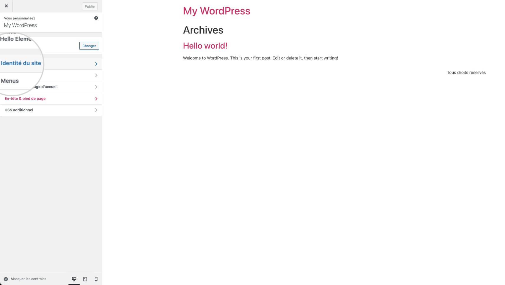 Capture d'écran montrant comment accéder à l'onglet Identité du site dans WordPress Customizer