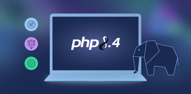 Une image en vedette avec un ordinateur portable, affichant le logo officiel PHP.net de PHP 8.4, et l'icône signature de l'éléphant PHP.