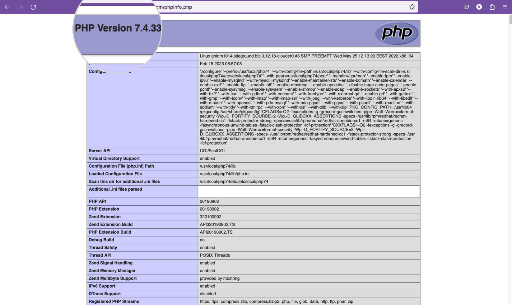 Capture d'écran montrant le fichier phpinfo chargé dans le navigateur