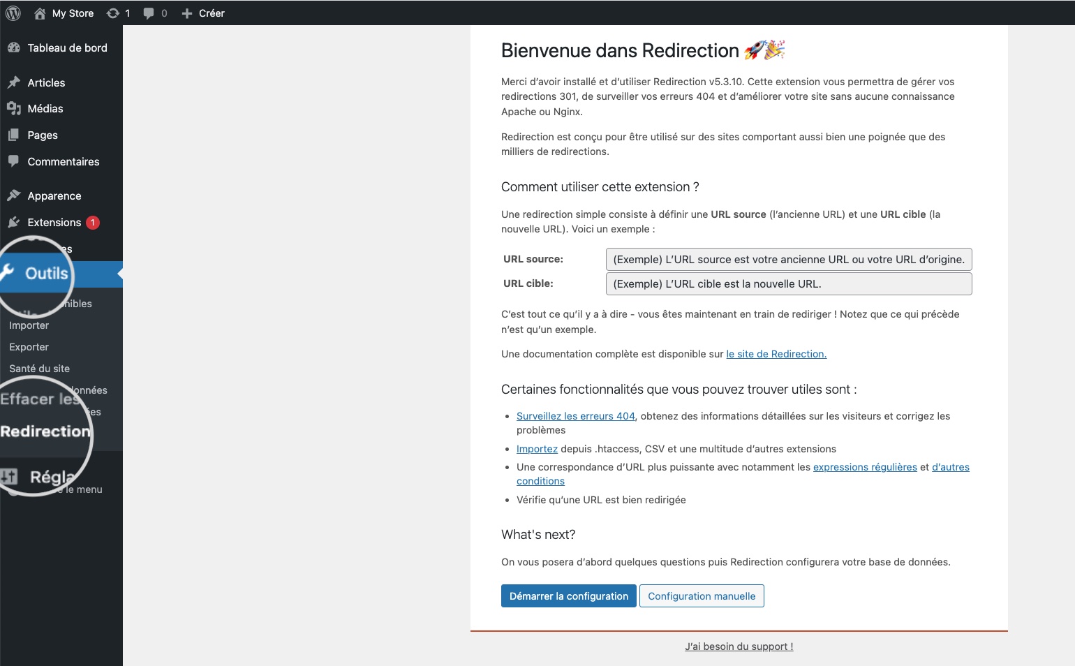 Configuration initiale du plugin de Redirection sur un site WordPress