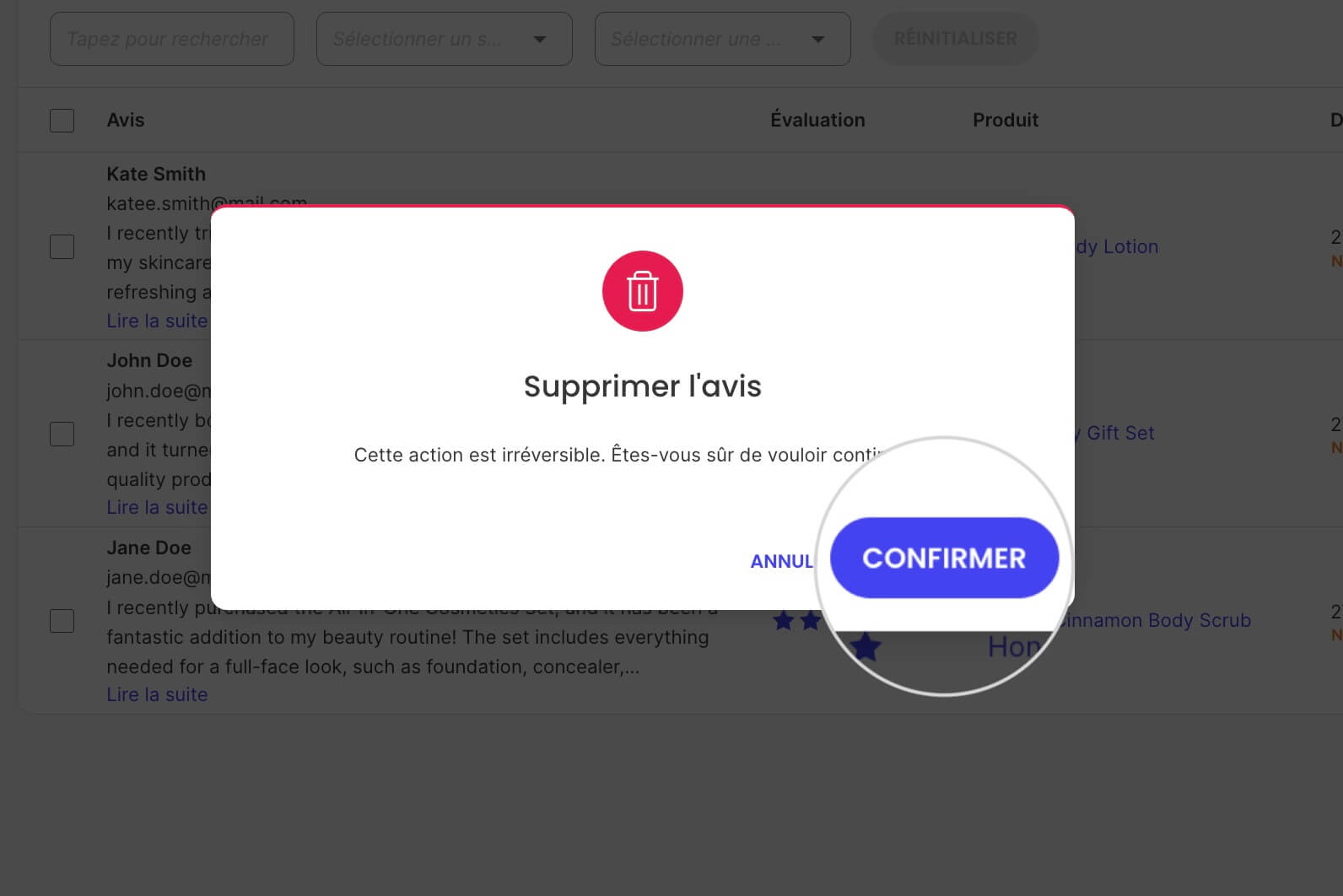Fenêtre pop-up de confirmation pour la suppression d'un avis produit 
