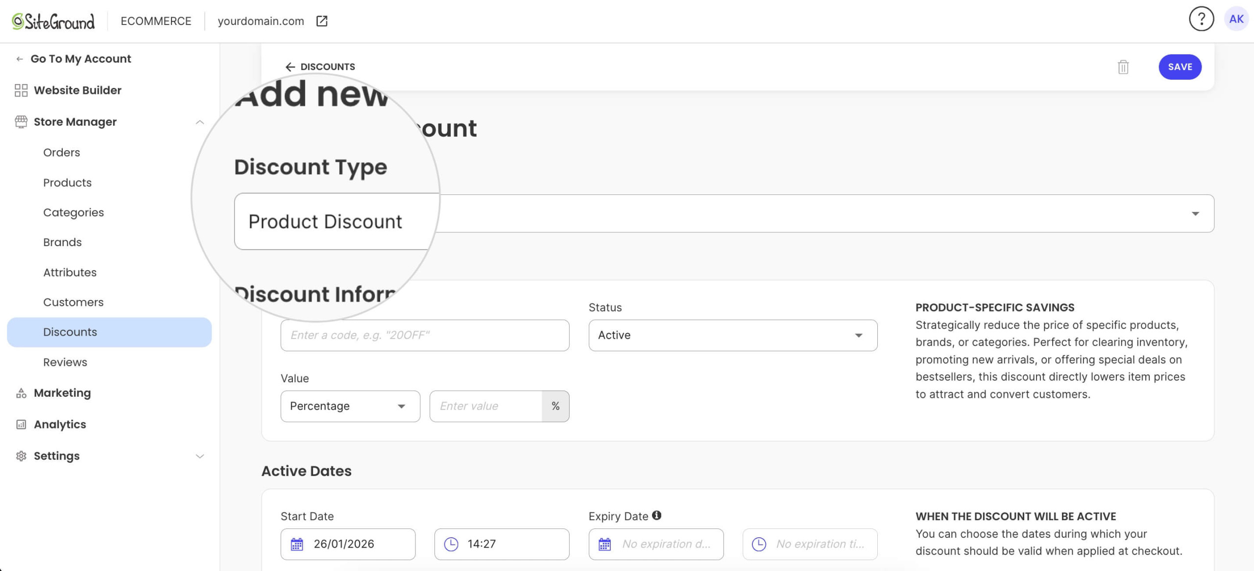 The “Add new discount” screen in the SiteGround Ecommerce Store Manager with “Product Discount” selected as the discount type, showing fields for the discount code, status, percentage value, and active dates, along with a description explaining that the discount applies to specific products, brands, or categories.