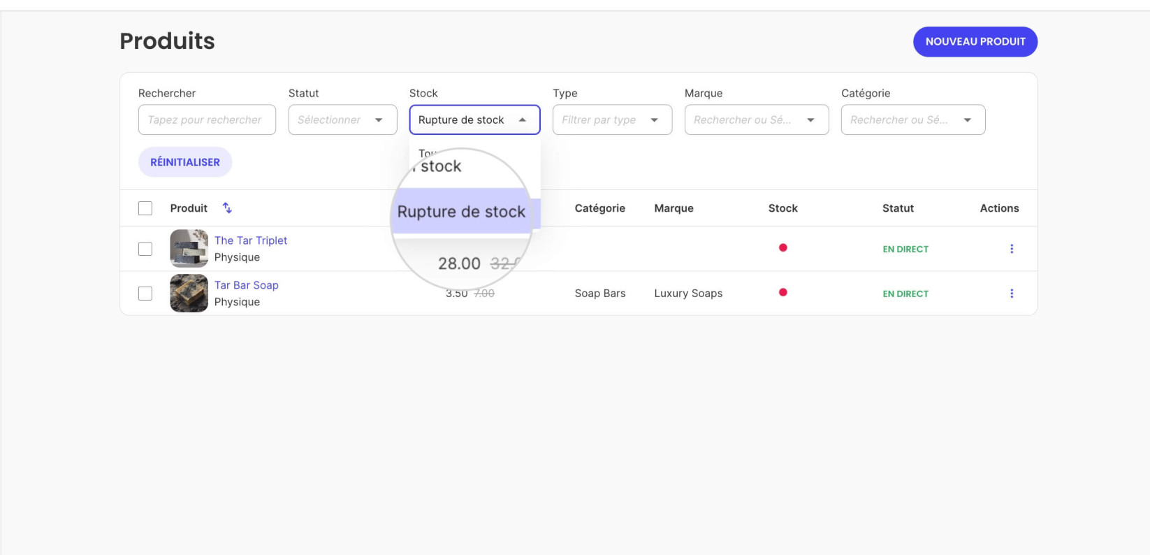 Page Produits dans SiteGround Ecommerce avec le filtre Stock appliqué pour voir tous les produits en rupture de stock